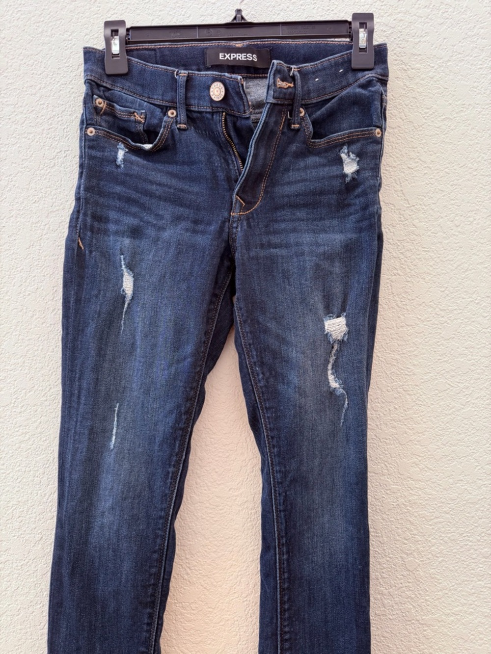 Express Women's Dark Wash Distressed Skinny Jeans